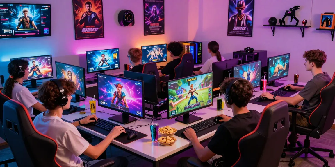 Engaged friends playing gay porn games in a modern gaming lounge.