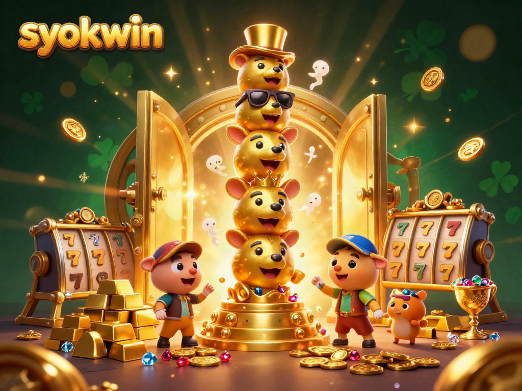 Engage with syokwin in an exciting casino scene, showcasing dynamic slot elements and vibrant treasure bursts.