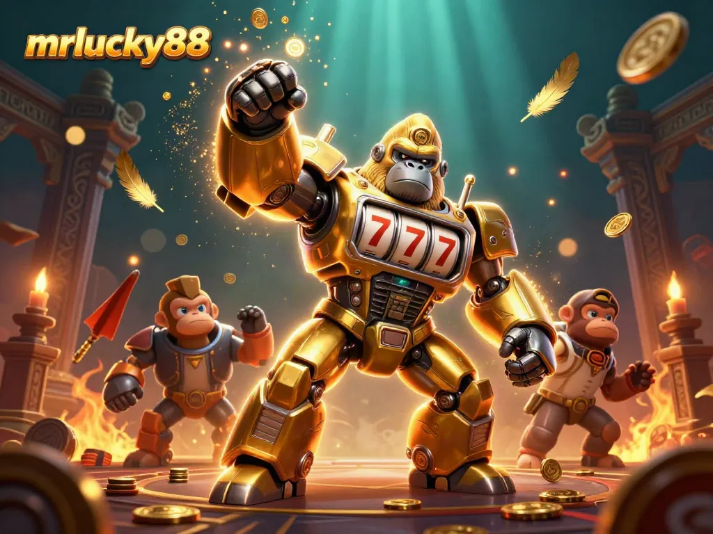 Experience vibrant gaming action with mrlucky88's free credit offers and slots in this 3D illustration.