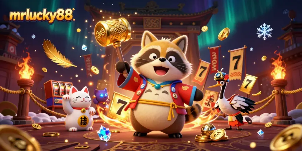 Experience the thrill of mrlucky88 with a cheerful tanuki, lucky symbols, and vibrant casino elements.