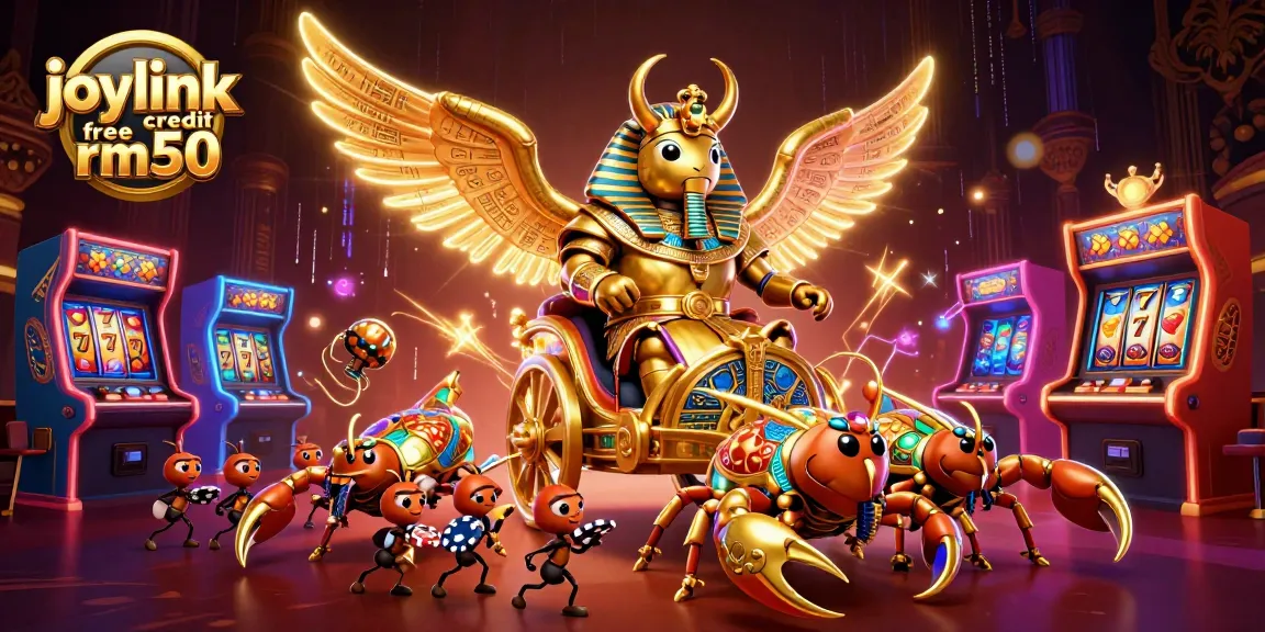 Spin to win with joylink free credit rm50 in a vibrant casino-themed 3D illustration.