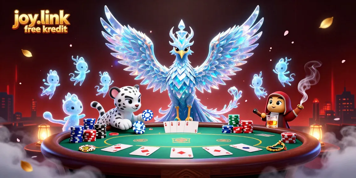 Experience joy.link free kredit with a vibrant 3D casino illustration of ice phoenixes and poker games.
