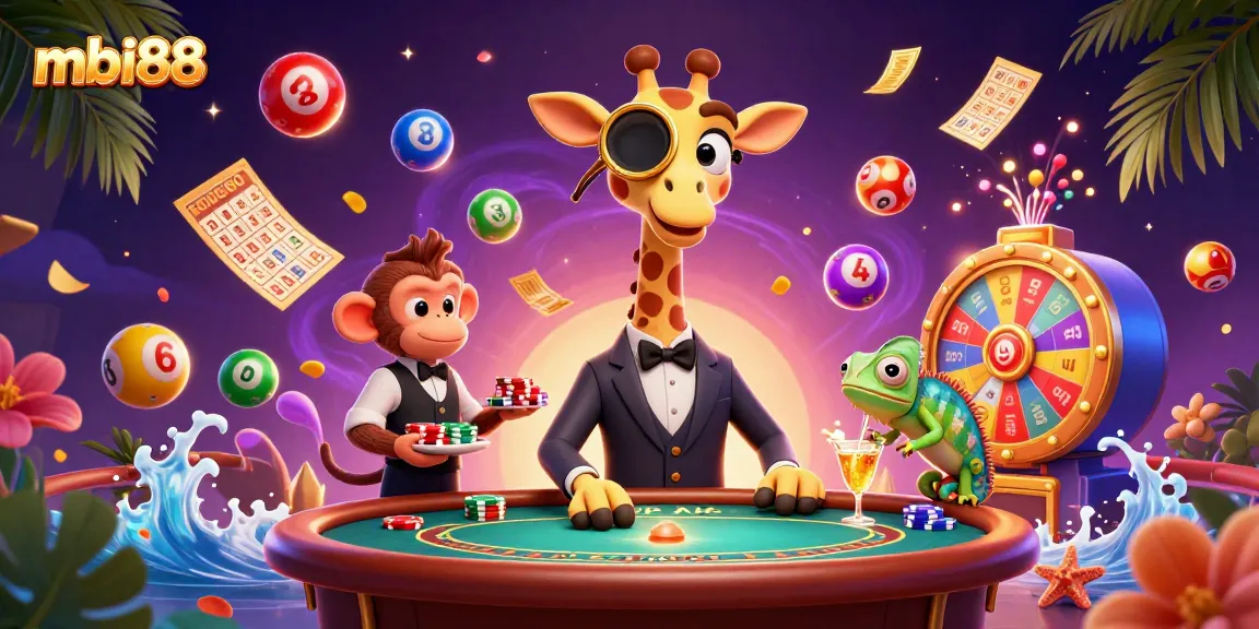 Engage with mbi88 at a vibrant 3D casino scene featuring a giraffe and exciting games.