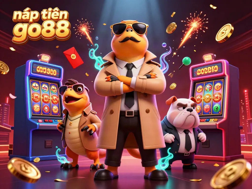 Engage with nạp tiền go88 through lively 3D cartoon characters preparing for VIP casino entry amidst gold symbols and festive decor.