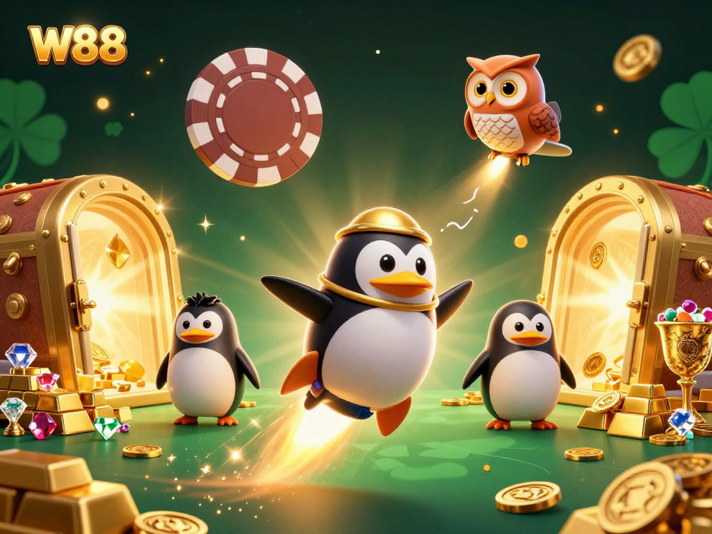 Join the excitement at W88, where a golden penguin takes flight towards a casino space station!