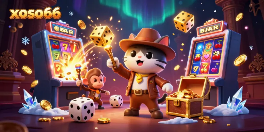 xoso66 showcases a cat explorer discovering a golden artifact with casino elements in a vibrant scene.