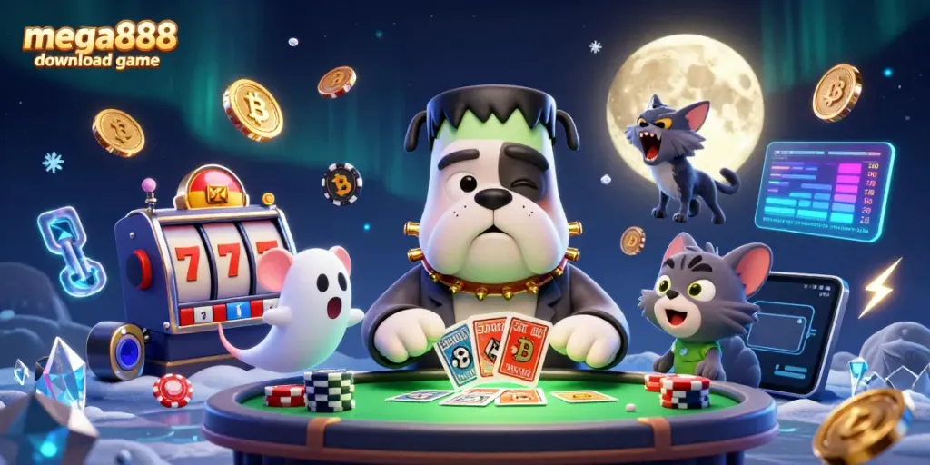 Play the mega888 download game featuring a whimsical scene with a Frankenstein bulldog dealing cards.