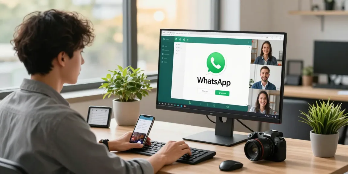 Young professional using WhatsApp電腦版 for remote collaboration in a modern workspace.