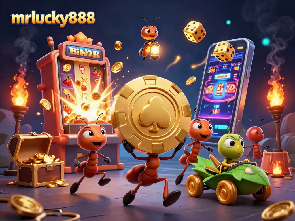 Engage with thrilling action from mrlucky888 as ants carry a mega poker chip amidst casino chaos.