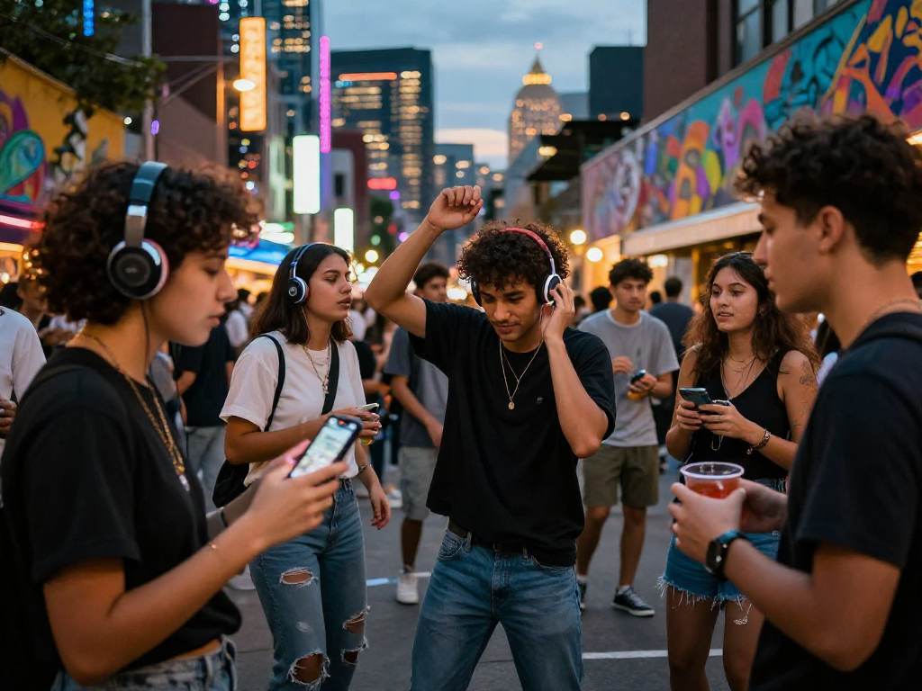 在汽水音乐下载官网上，年轻人聚集在一起享受音乐，城市夜景灯光璀璨，体验社交互动的氛围。