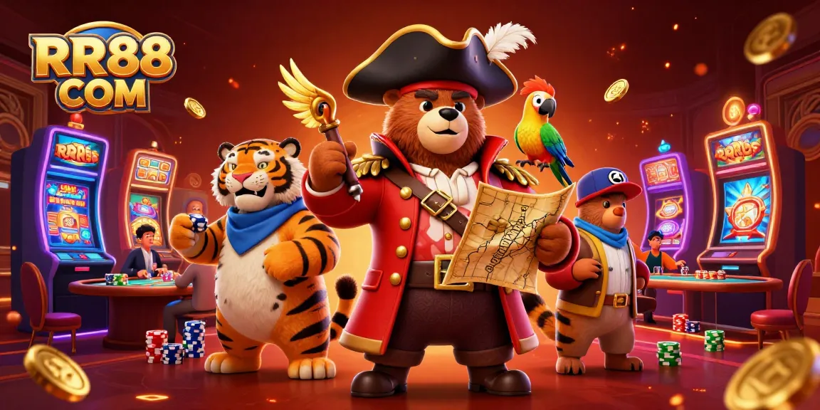 Experience thrilling casino adventures with RR88 COM as playful characters engage in vibrant games.