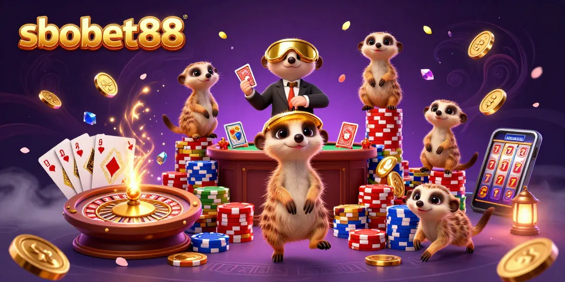 Sneak chips and win big with sbobet88 in this vibrant 3D casino meerkat illustration.