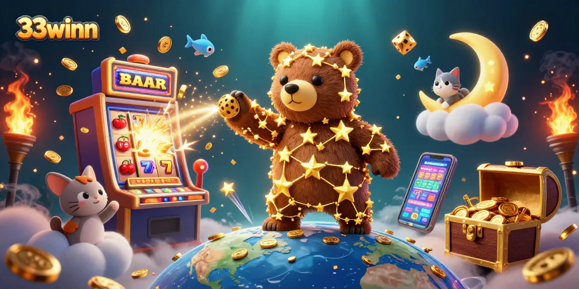 Win big with 33winn by playing exciting slots and casino games under a night sky.