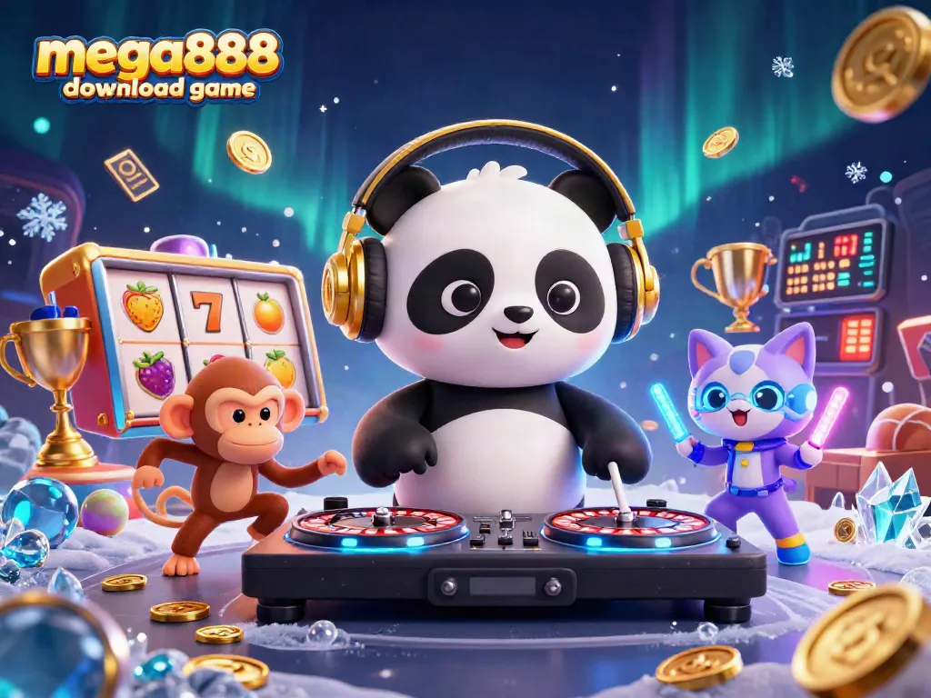 Win big with the mega888 download game, featuring a DJ panda, dancing monkey, and glowing kitten.