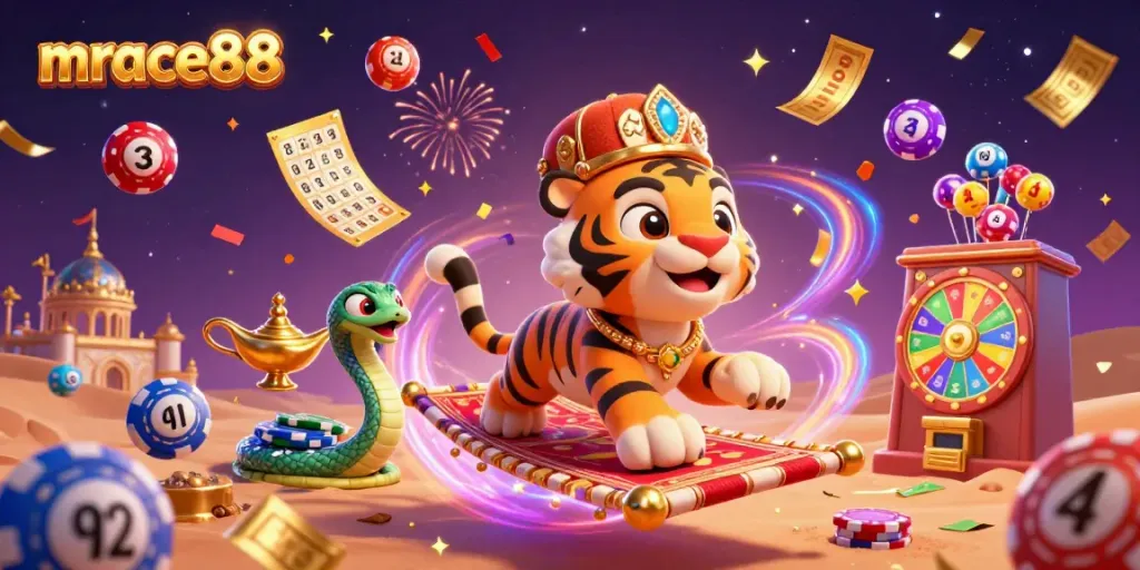Engage with the vibrant world of mrace88 and its exciting casino elements in a dazzling illustration.