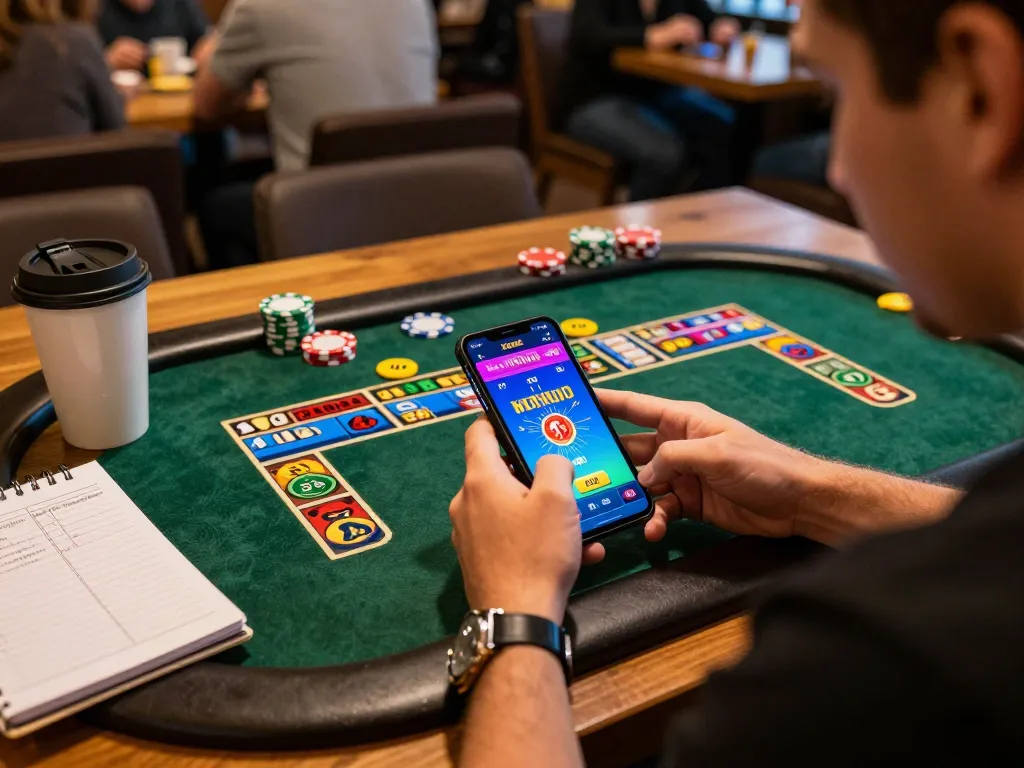 Experience thrilling online gaming with f8betlv as a user engages in mobile casino action at a cozy coffee shop.