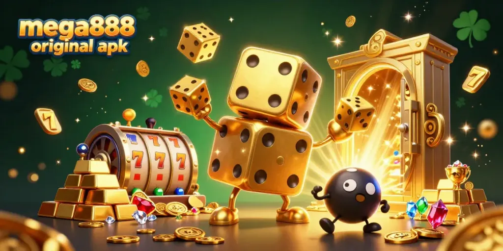 Experience the mega888 original apk with dynamic dice characters and captivating casino elements.