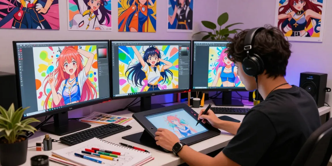 Artist generating breathtaking ai ecchi visuals in a creative studio.