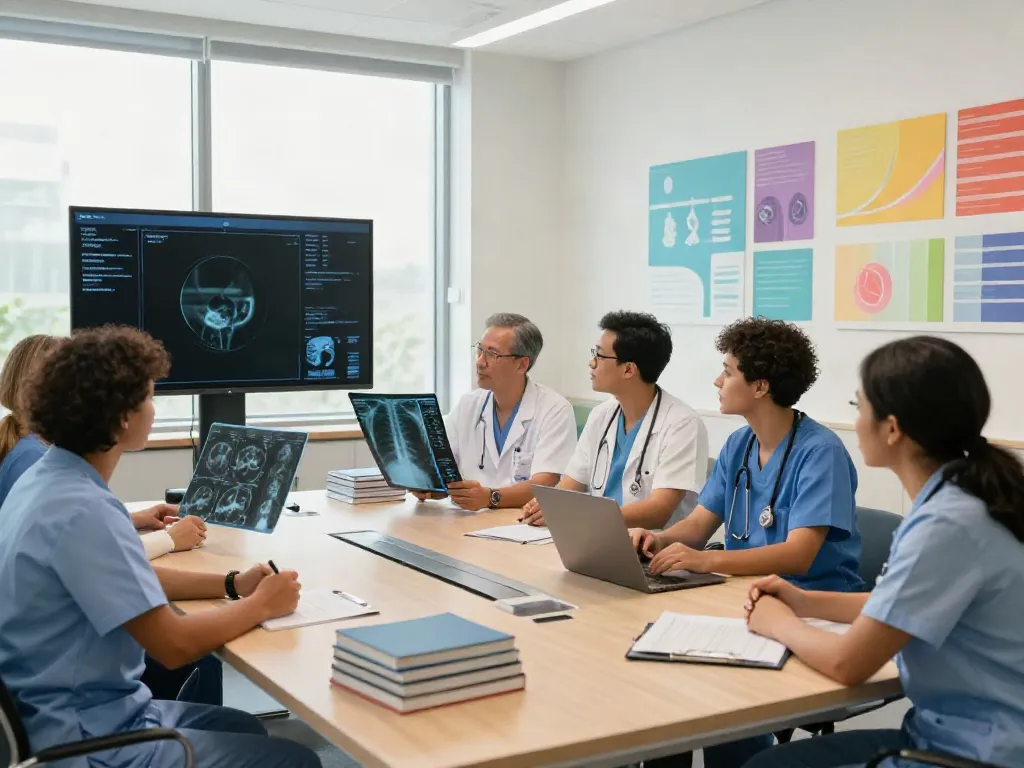 Diverse healthcare team discussing rokok88 technologies in a modern conference room.