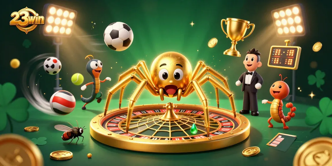 Engage in thrilling betting at 23win with a golden spider, fly, and centipede in a rich casino atmosphere.
