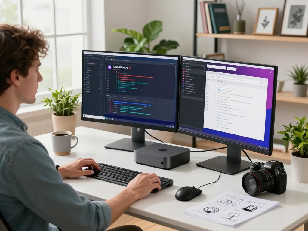 Setting up Clawdbot AI on a Mac mini with dual monitors in a modern home office environment.