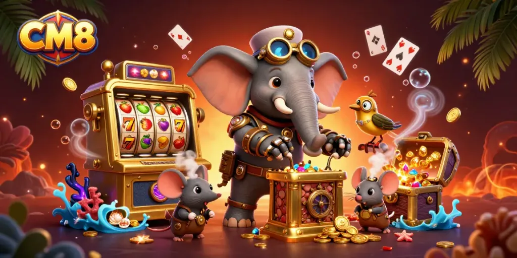 Spin the golden slot machine at CM8, featuring steampunk characters and vibrant casino elements.