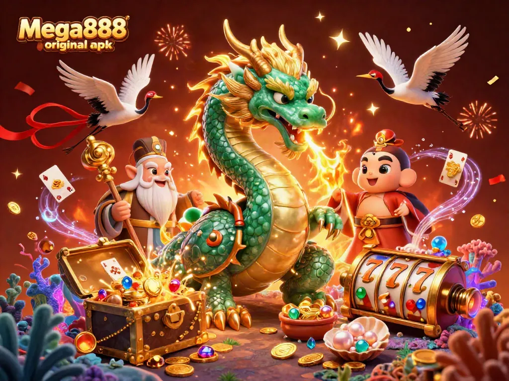 Play and win on mega888 original apk with exciting 3D characters and vibrant casino elements.