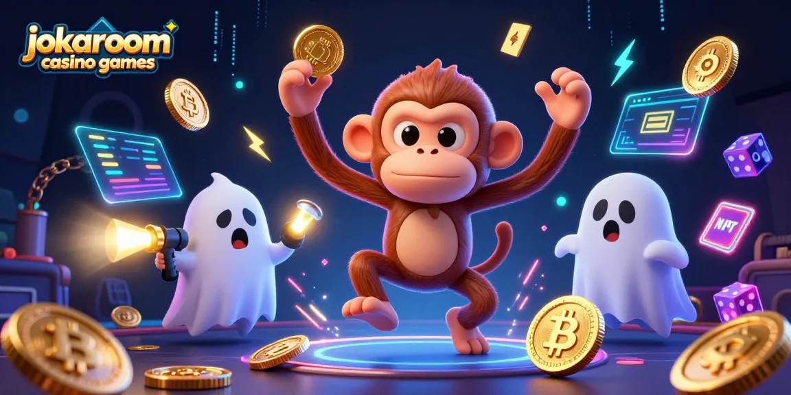 Engage with jokaroom casino games as a playful poltergeist monkey juggles golden casino elements amidst vibrant neon chaos.
