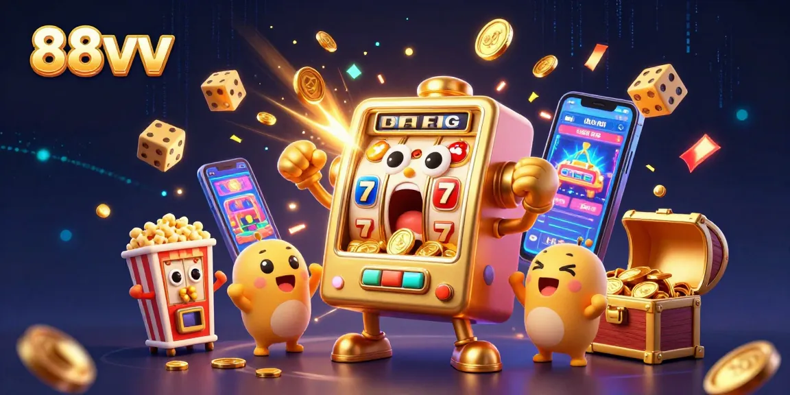 88vv slot machine hits jackpot in colorful casino scene with golden coins and symbols flying.