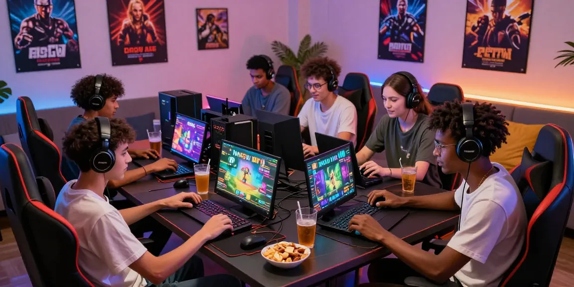 Group enjoying NSFW APK games in a colorful gaming lounge.