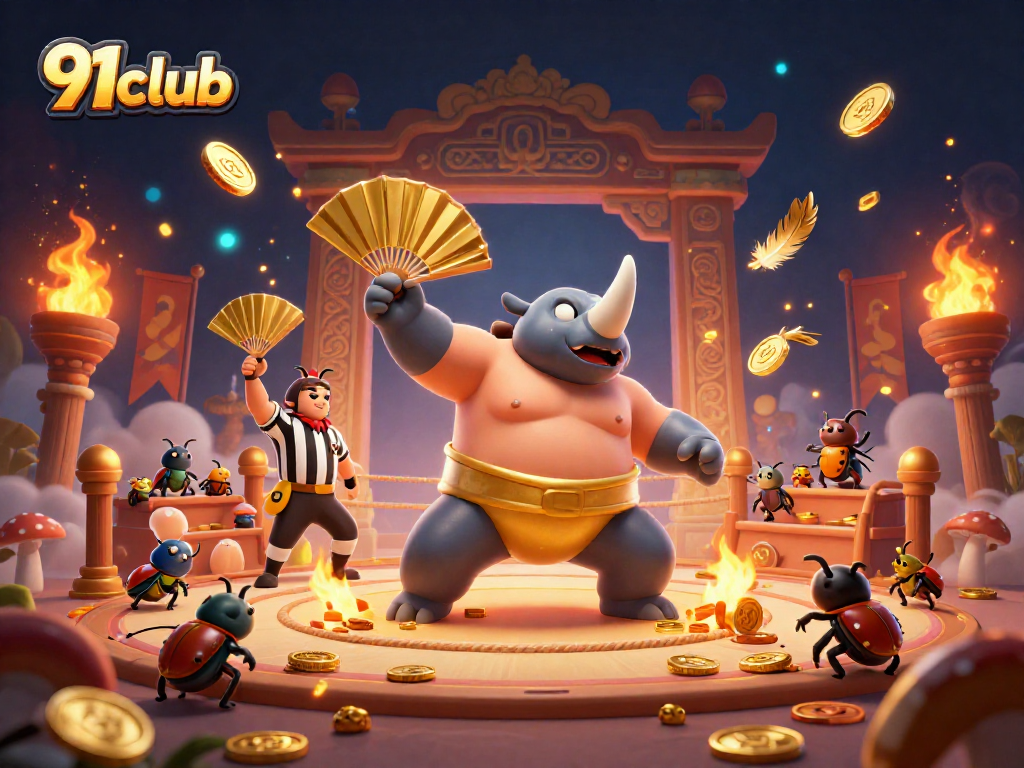 Engage with 91club's thrilling casino atmosphere featuring a dynamic beetle champion and vibrant game elements.