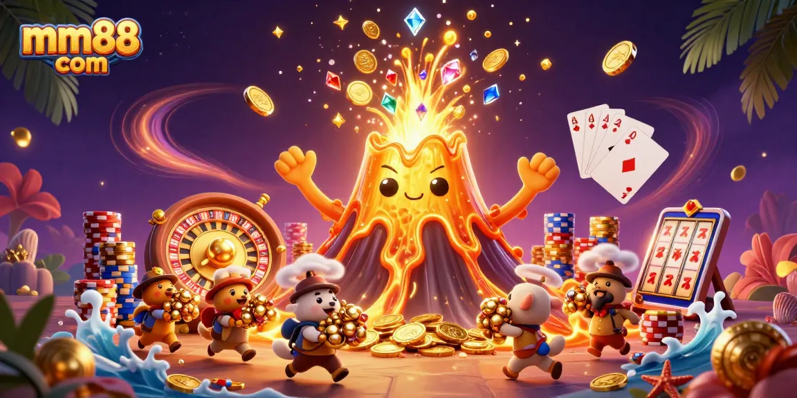Experience thrill and excitement with mm88 com, featuring a dynamic casino scene with treasures and vibrant gaming elements.