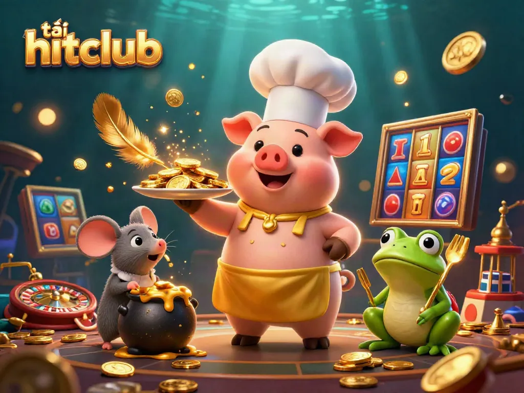 Experience the thrill of tải hitclub as characters indulge in a vibrant casino atmosphere, surrounded by gold coins.
