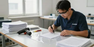 Kỹ thuật viên dịch vụ bóc ép plastic chuyên nghiệp khôi phục tài liệu quan trọng một cách khéo léo trong môi trường xưởng hiện đại.