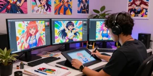 Artist generating breathtaking ai ecchi visuals in a creative studio.