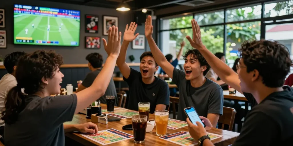 Exciting football betting scene in Malaysia with friends at a sports bar during a match