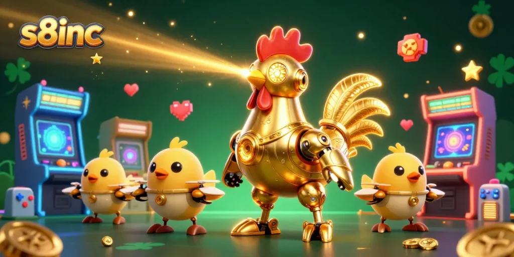 Experience thrilling gaming at s8inc with a futuristic golden rooster robot leading various arcade machines and game elements.
