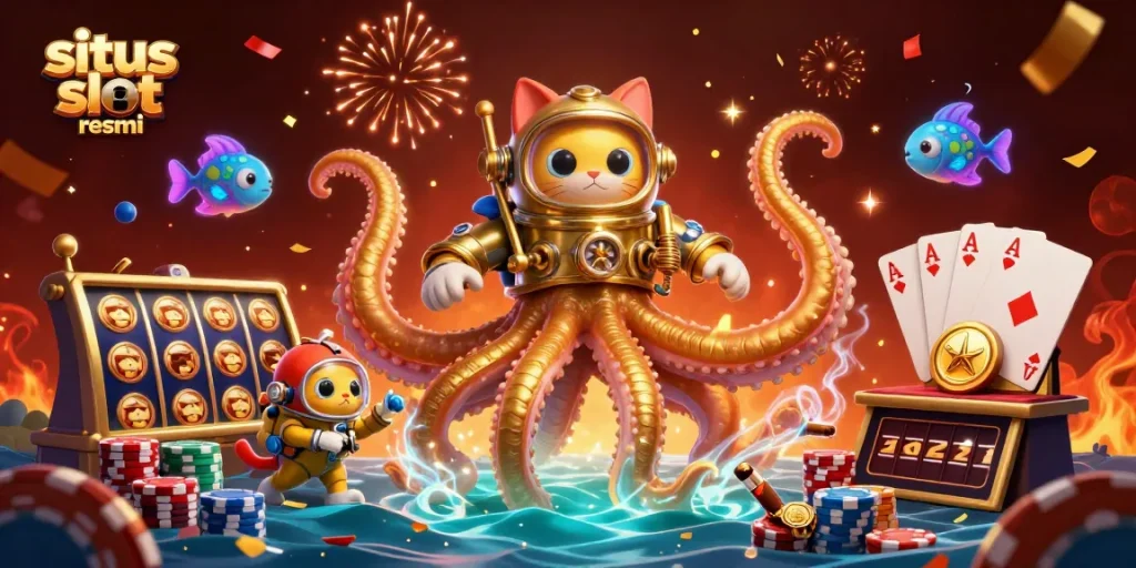 Spin the reels of situs slot resmi with vibrant characters and rich poker elements in this dynamic casino scene.