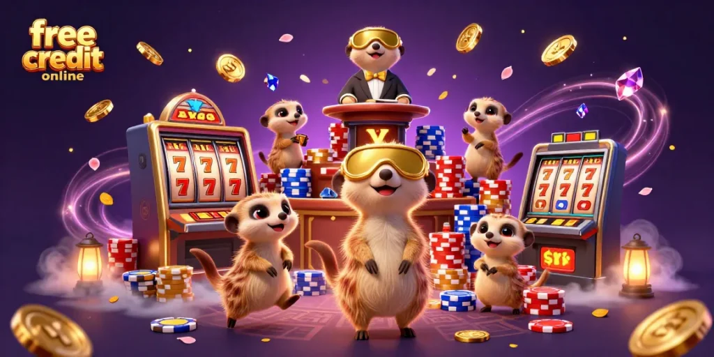 Experience exciting free credit online gaming with vibrant meerkat characters in a dynamic casino.