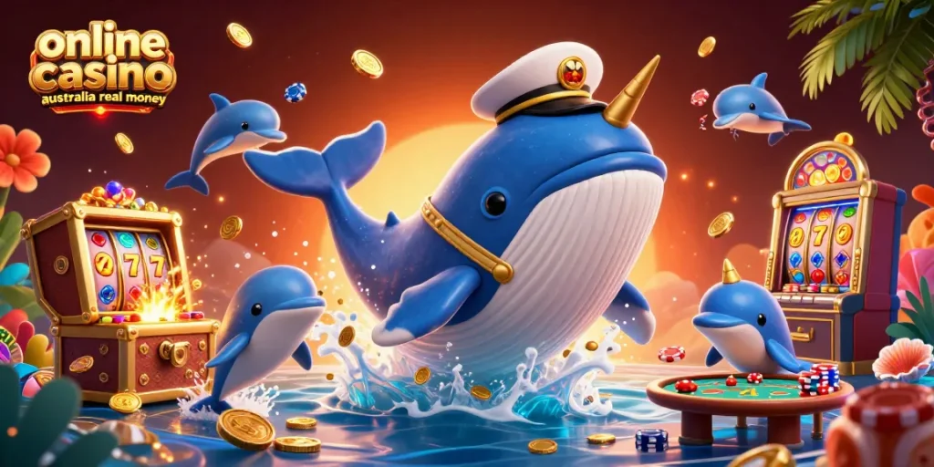 A vibrant scene showcasing the online casino australia real money theme with a cartoon whale, narwhal, and dolphins amidst casino elements.
