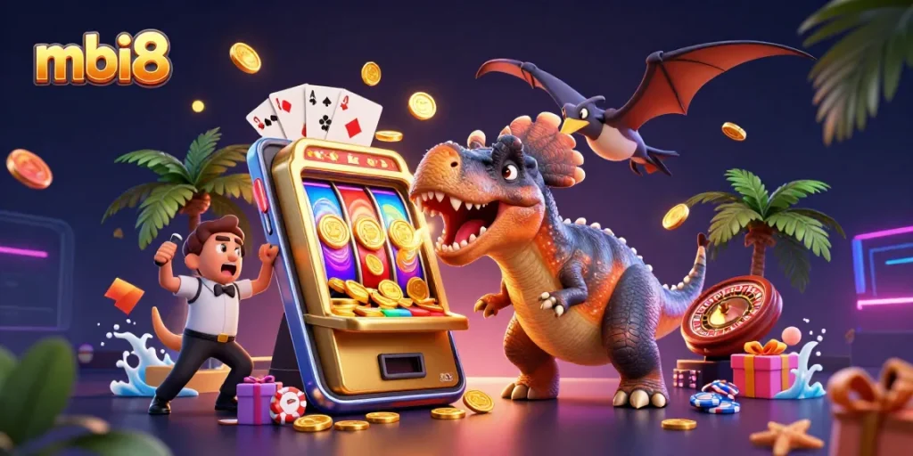 Catch jackpots with mbi8: A pachycephalosaurus hits a slot machine amidst flying coins.