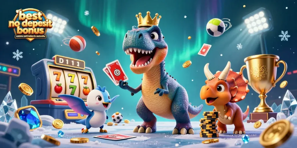 Engage with top-rated best no deposit bonus casinos and codes in Australia through a vibrant 3D illustration.
