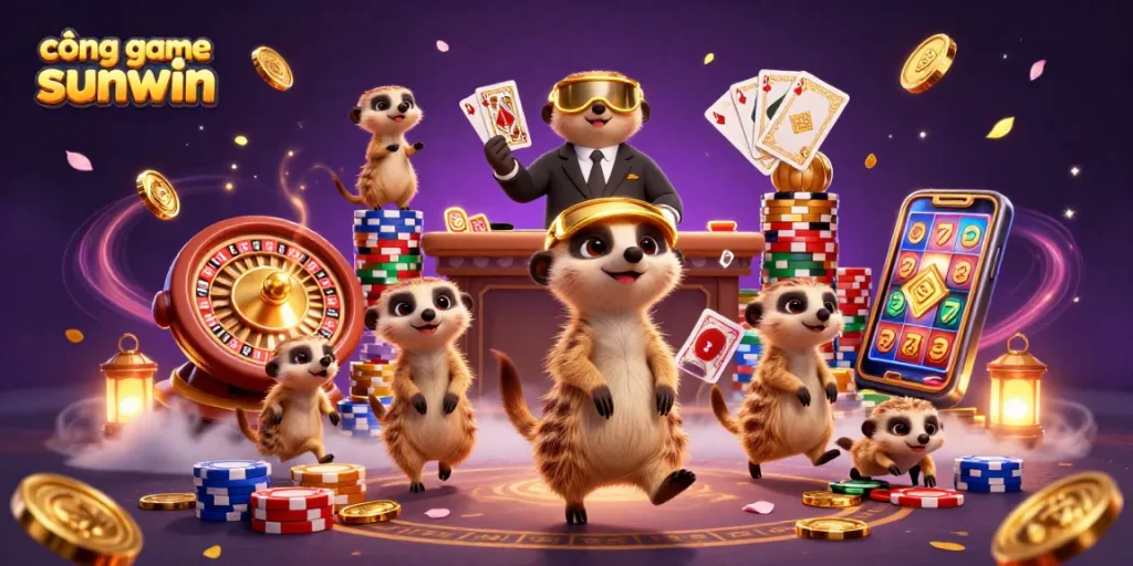 Experience thrills at cổng game sunwin with dynamic meerkats hosting a vibrant casino scene.