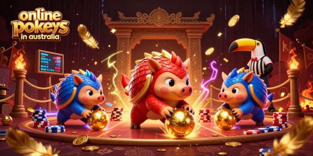 Play online pokies in Australia with vibrant gamified pangolins amidst colorful casino chaos.