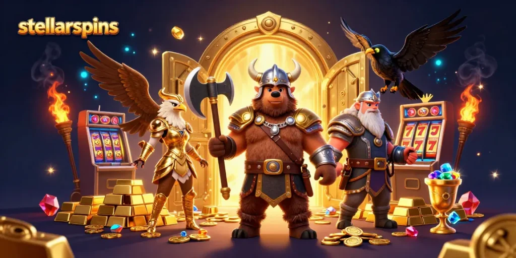 Epic scene with a Viking berserker, Valkyrie eagle, and treasures, highlighting stellarspins immersive gaming experience.